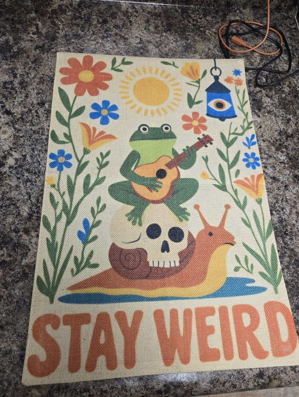 Stay Weird Frog & Snail Garden Flag - Green, Orange, Yellow
